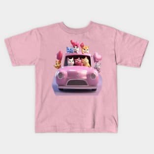 Happy cats in a pink car driving to valentines cat parade. Kids T-Shirt